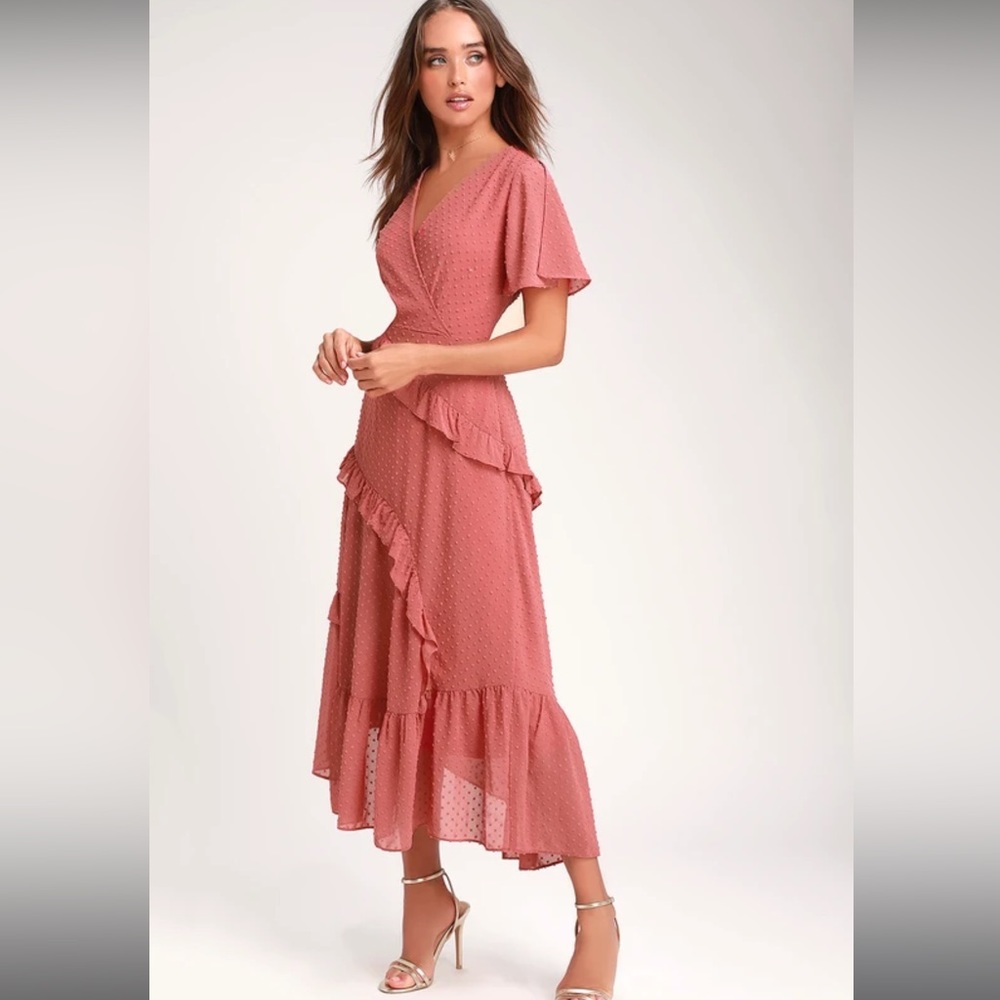 Lulus NWT Next to You Rusty Rose Swiss Dot Ruffled Midi Dress